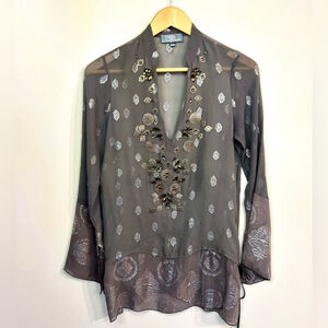 Hale Bob silk beaded crystals top grey